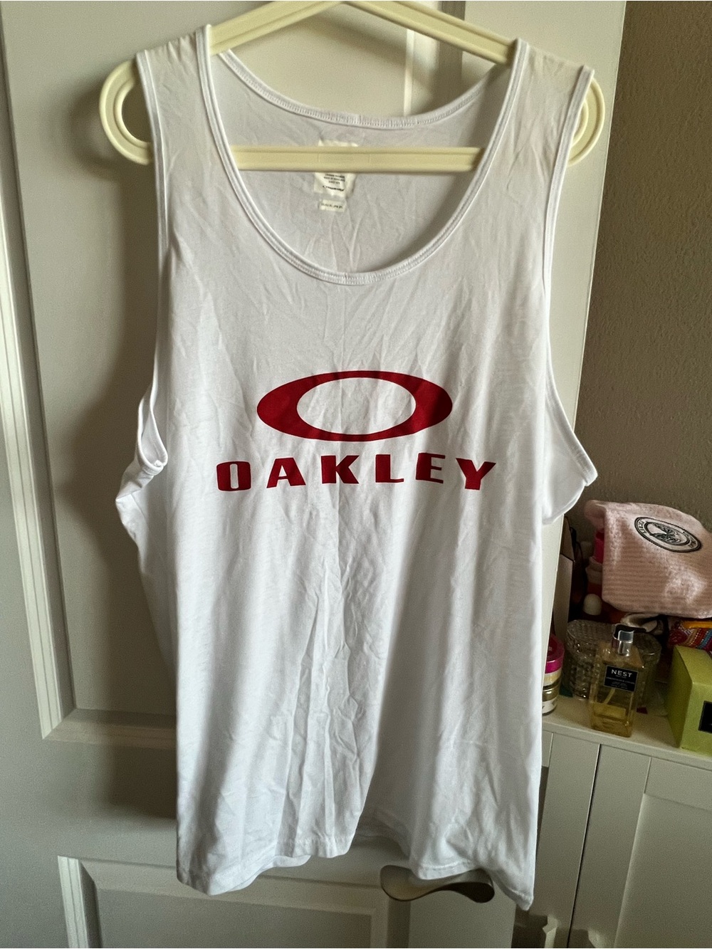 Oakley White Tank Top with Red Logo Scoop Neck